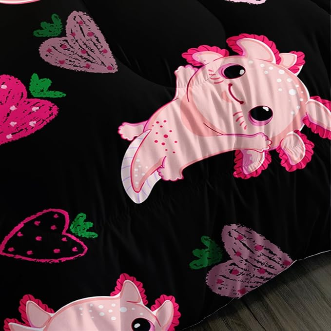 Cute Axolotl Bedding Set Queen Size,Pink Axolotl Strawberry Printed Comforter Sets Aesthetic Bedding for Kids Girls,Beach Coastal Animal Themed Comforter Sets with 2 Pillowcases.