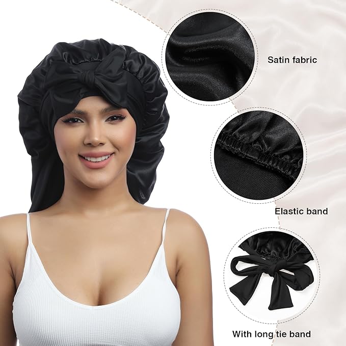 AWAYTR Long Satin Bonnet for Braids - Elastic Silk Hair Bonnets for Sleeping Night Cap Stretchy Tie Band for Women（Black）