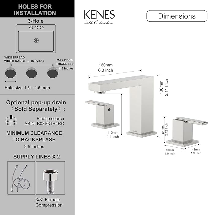 KENES 2 Handle Widespread Bathroom Faucets Brushed Nickel, Bathroom Sink Faucet 3 Hole Vanity Faucet with Lead-Free Supply Hose, KE-9050