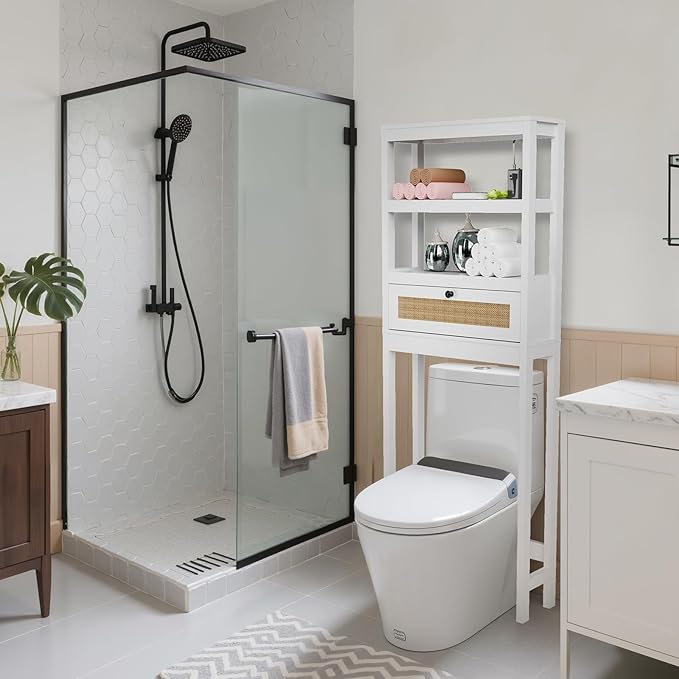 Over The Toilet Storage Cabinet, 3-Tier Bathroom Organizer with Rattan Door, Wooden Space Saver for Restroom, Bathroom, Laundry