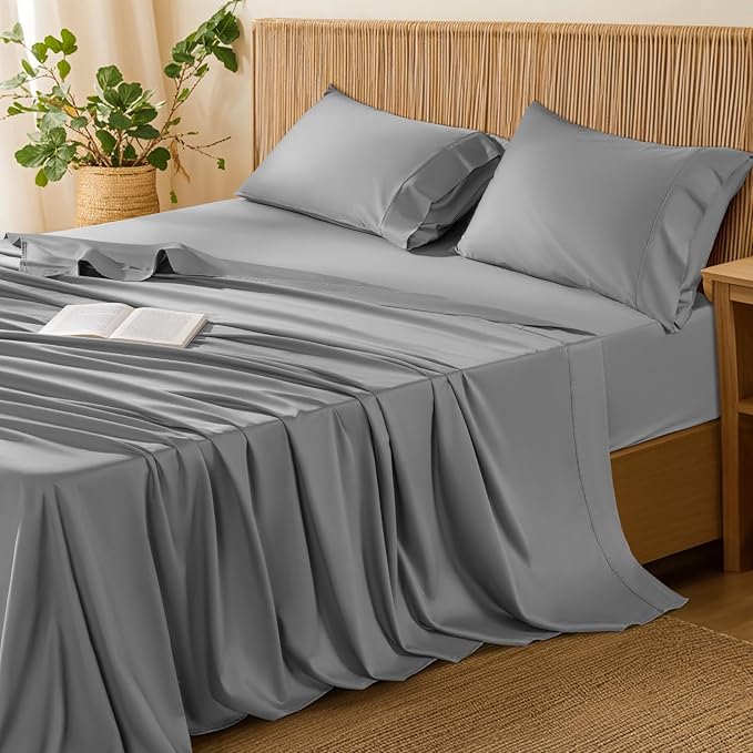 LBRO2M 100% Cotton Sheets Set Queen Size 600 Thread Count 4 Piece Sets Bed Sheet Deep Pocket Up to 16" Soft Comfortable All Season (Queen, Gray)