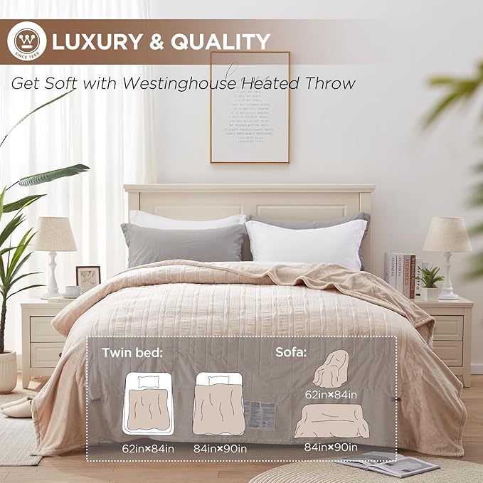 Westinghouse Heated Blanket Queen Size, Electric Heating Blanket with 10 Heating Levels, 1-12 Hours Auto Shut Off, Fast Heating Warming Blanket, Machine Washable(Queen,84x90 Inches,Beige)