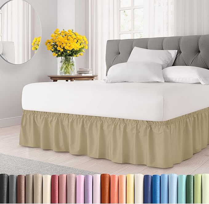 Wrap Around Dust Ruffle Bed Skirt - Beige - for Full Size Beds with 15 Inch Drop - Easy Fit Elastic Strap - Adjustable Pleated Bedskirt w/Brushed Fabric - Wrinkle Free - for Women, Men, Kids & Teens