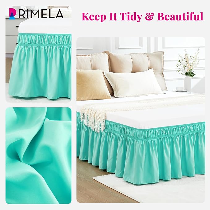 RIMELA Spa Blue Bed Skirt King Size 18 Inch Drop, Elastic Bed Skirting for Bed Base and Frame, Bedding Dust Ruffle Easy to Install, Lightweight Wrap Around Adjustable Bedskirt