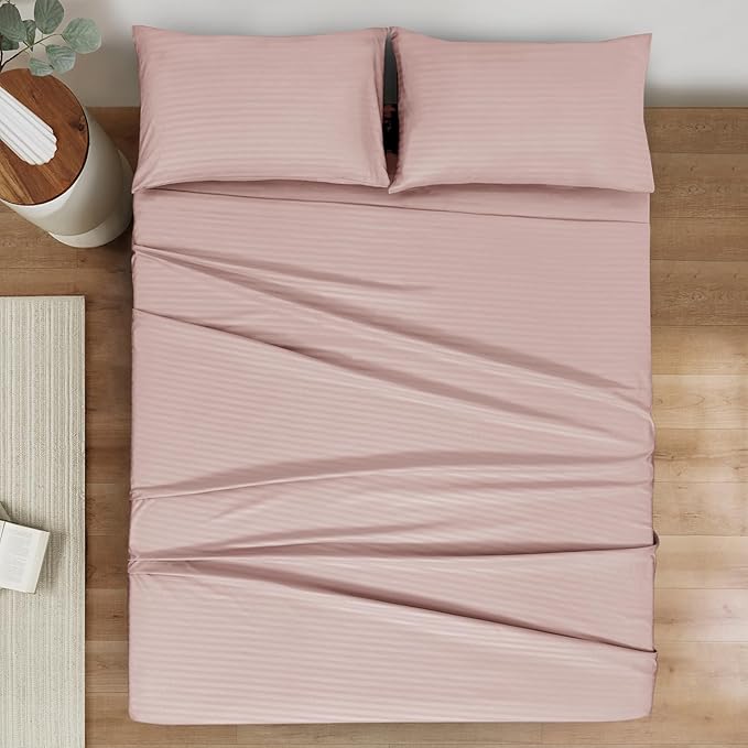 Mejoroom Striped Queen Size Sheet Set - Hotel Luxury 1800 Bedding Sheets & Pillowcases - Deep Pocket Fitted Sheet, Soft, Breathable, Wrinkle & Fade Resistant - 4 Piece (02-Dusty Pink)