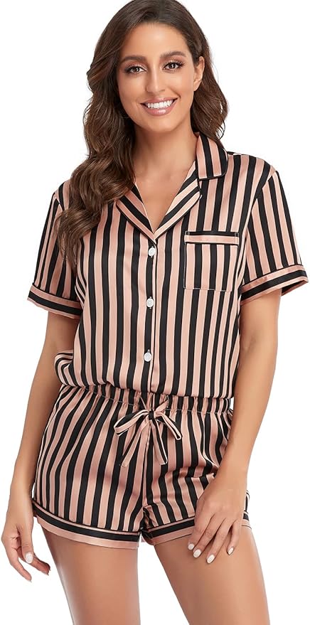 Women's Satin Pajama Set 2-Piece Sleepwear Loungewear Button Down Short Sleeve Silky PJ Set