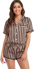 Women's Satin Pajama Set 2-Piece Sleepwear Loungewear Button Down Short Sleeve Silky PJ Set