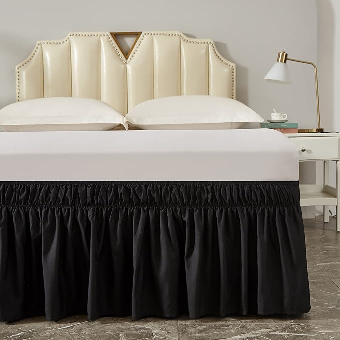 MEILA Wrap Around Bed Skirt Three Fabric Sides Elastic Dust Ruffled 14 Inch Tailored Drop,Easy to Install Fade Resistant-Black, Twin/Full