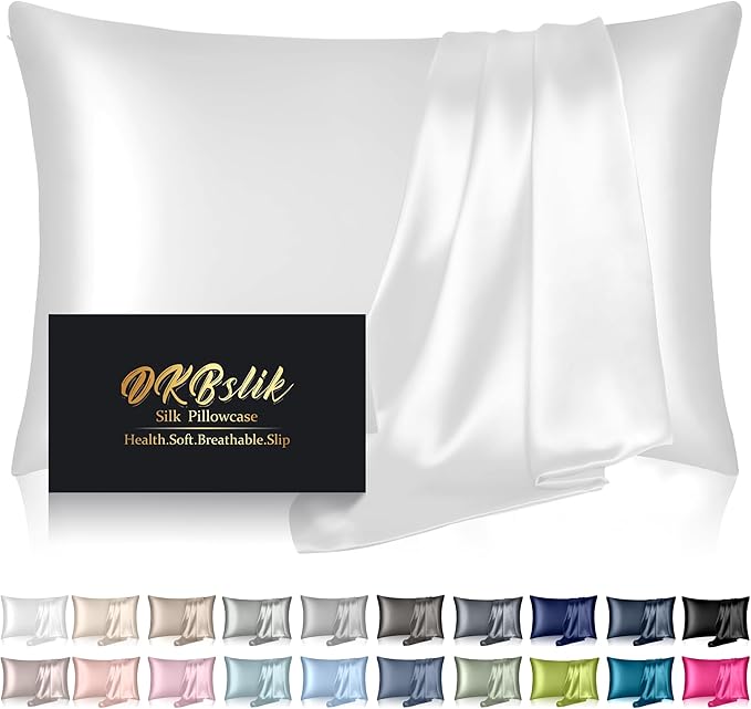 Silk Pillowcase for Hair and Skin, Mulberry Silk Pillow Cases Standard Size, Anti Acne Cooling Sleep Both Sides Natural Silk Satin Pillow Case Covers with Hidden Zipper, Gifts for Women Men, White
