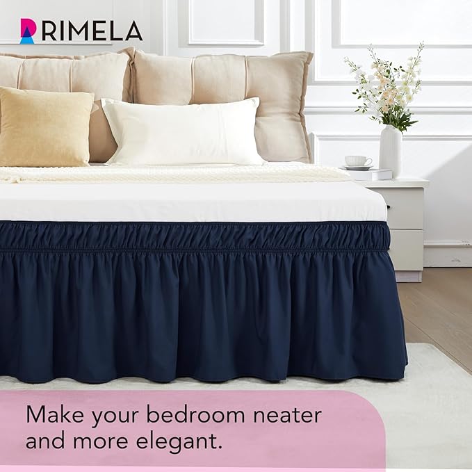 RIMELA Navy Blue Bed Skirt King Size 15 Inch Drop, Elastic Bed Skirting for Bed Base and Frame, Bedding Dust Ruffle Easy to Install, Lightweight Wrap Around Adjustable Bedskirt