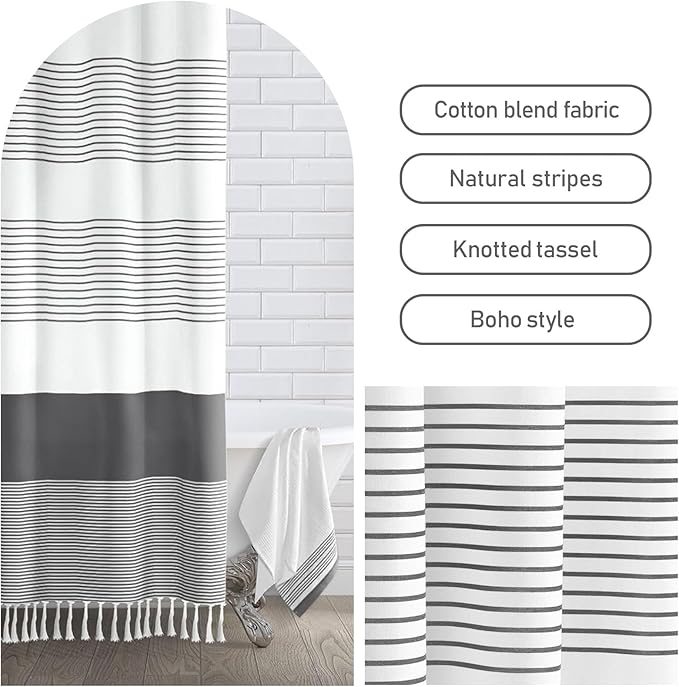 Awellife Gray Shower Curtain for Bathroom Stripe Tassel Shower Curtain 72 X 96 Farmhouse Cotton Boho Dark Grey