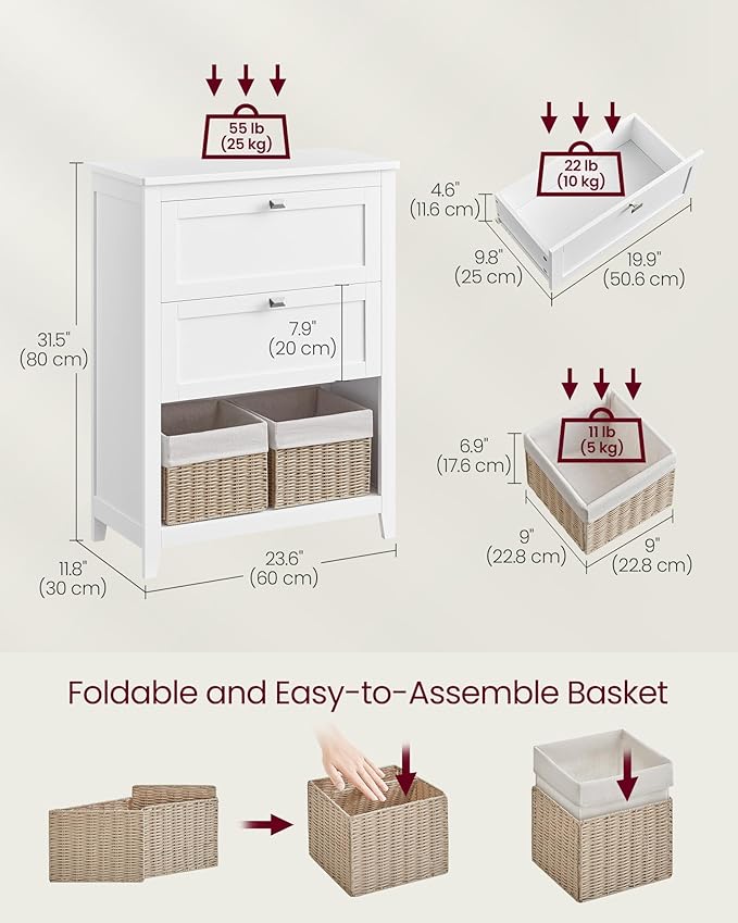 VASAGLE Storage Cabinet, Freestanding Floor Cabinet, 2 Drawers with 1 Set of Adjustable Divider, 2 Baskets, Sideboard, 11.8 x 23.6 x 31.5 Inches, for Bathroom, Living Room, Cloud White UBBC545W02