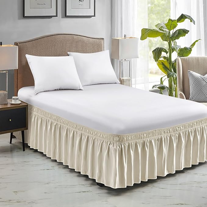 FreshCulture Queen Bed Skirt, Elastic Wrap Around Bed Skirt Queen Size, Bed Skirts for Adjustable Bed, Easy Fit with 18 Inch Drop Length, Hotel Quality Dust Ruffle for Queen Bed (Cream)