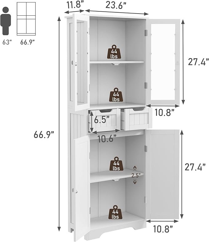 67" Tall White Bathroom Cabinet Storage Cabinet, Freestanding Storage Cabinet with Glass Door and Adjustable Shelves, Bathroom Cabinet for Living Room, Kitchen, Dining, White
