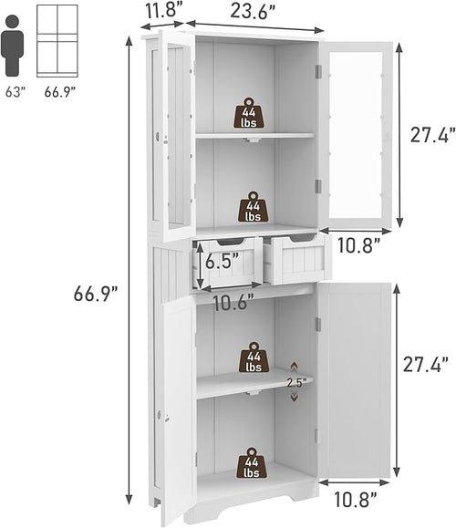 67" Tall White Bathroom Cabinet Storage Cabinet, Freestanding Storage Cabinet with Glass Door and Adjustable Shelves, Bathroom Cabinet for Living Room, Kitchen, Dining, White