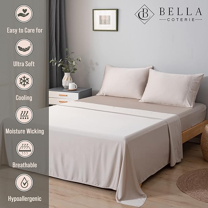 Bella Coterie Luxury Bamboo Viscose 34” Split Top King Size Sheet Set | 1 Fitted Sheet for Sleep Number & Adjustable Beds | 100% Organically Grown | Cooling & Soft | 18” Deep Pocket [Dune]