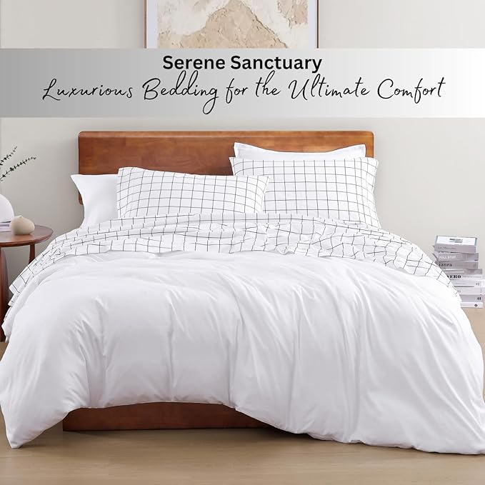 LANE LINEN 100% Organic Cotton Sheets RV Queen, 4-Piece Bed Sheets Short Queen Size Cotton, Luxury Sheets, Percale Weave,Breathable Bed Sheets RV Queen Size Deep Pockets Fits Upto 15" - Windowpane