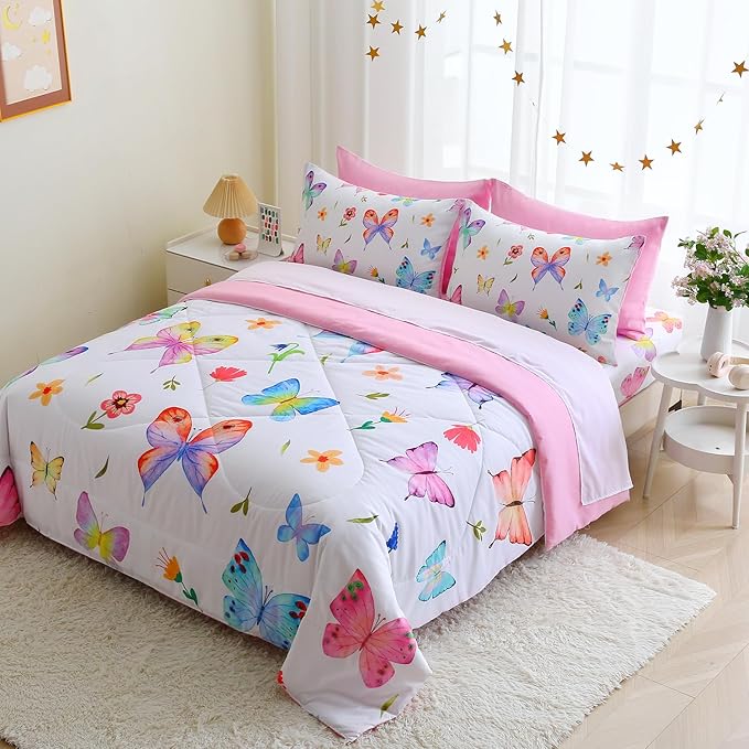 Wajade 7 Piece Butterfly Comforter Set for Girls Kids Cute Colorful Butterfly Flowers Floral Bedding Set Twin Size with Sheet and 2 Pillowcases 2 Pillow Shams Bed in a Bag as Birthday Choice