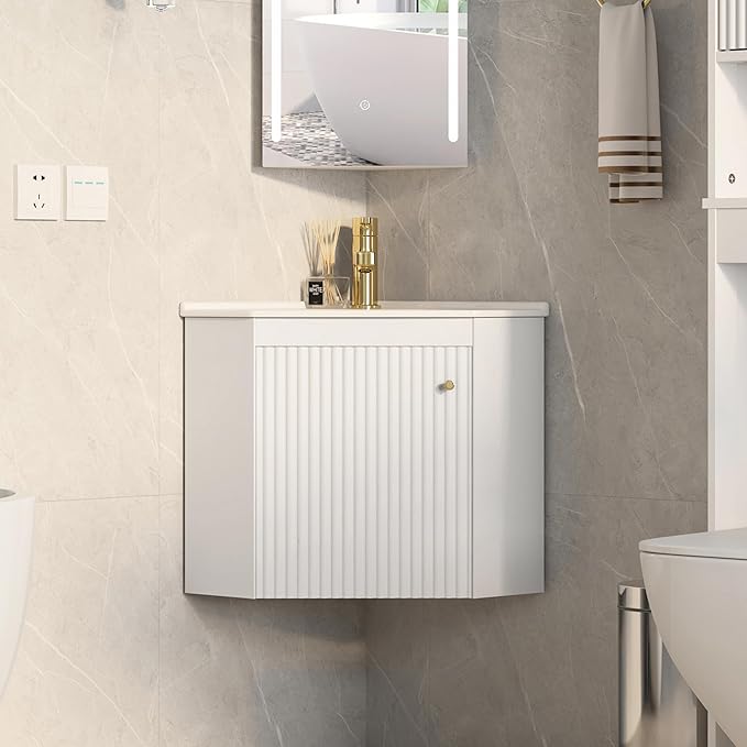 Corner Bathroom Vanity Sink Cabinet 24", Wall Mount Floating for Small Bathroom, White Ceramic Top (Faucet Not Included) (Wave Pattern)