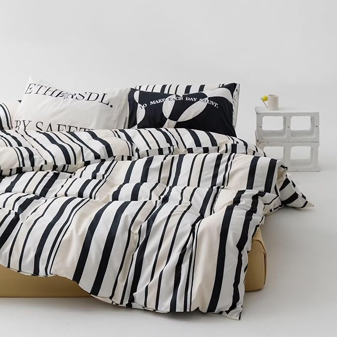 Cottonight Black and White Striped Comforter Set King Geometric Bedding Comforter Women Men Beige Black Blanket Quilts Geometric Ticking Bedding Set Fluffy Folkloric Boho Quilts for King Bed