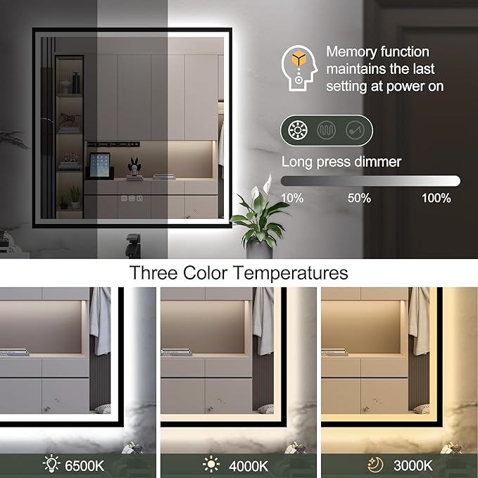 S·BAGNO 36''x36'' LED Bathroom Mirror with Lights, Bathroom Vanity Wall Mirror with Buletooth, Anti-Fog, Stepless Dimmable, 3 Colors, Tempered Glass Lighted Vanity Mirror for Bathroom