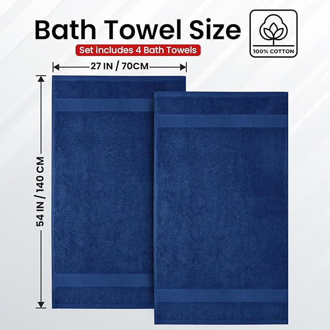 Infinitee Xclusives Luxury 100% Ring-Spun Cotton Bath Towels Set of 4 (27x54 inches) – Soft, Absorbent & Quick-Drying Towels for Bathroom, Gym, Spa & Hotel Use (Tranquil Navy, Bath Towels)