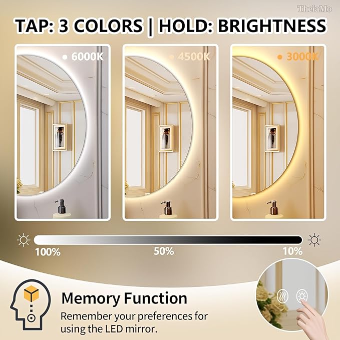 Round LED Mirror for Bathroom, 32" Circle Frameless Backlit Mirror with Lights, Wall Mounted Vanity Mirror, 3 Colors, Dimmable, Anti-Fog, IP65 Waterproof, Memory Function, UL Listed