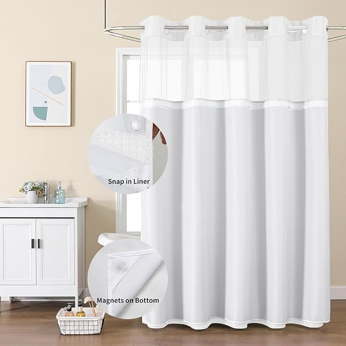 Colorful Star No Hook Shower Curtain with Snap in Fabric Liner, Waffle Weave Heavy Duty Thick Shower Curtains with Mesh Top Window, Hotel Style Waterproof Bathroom Curtain Set, 72 x 75 Inch, White