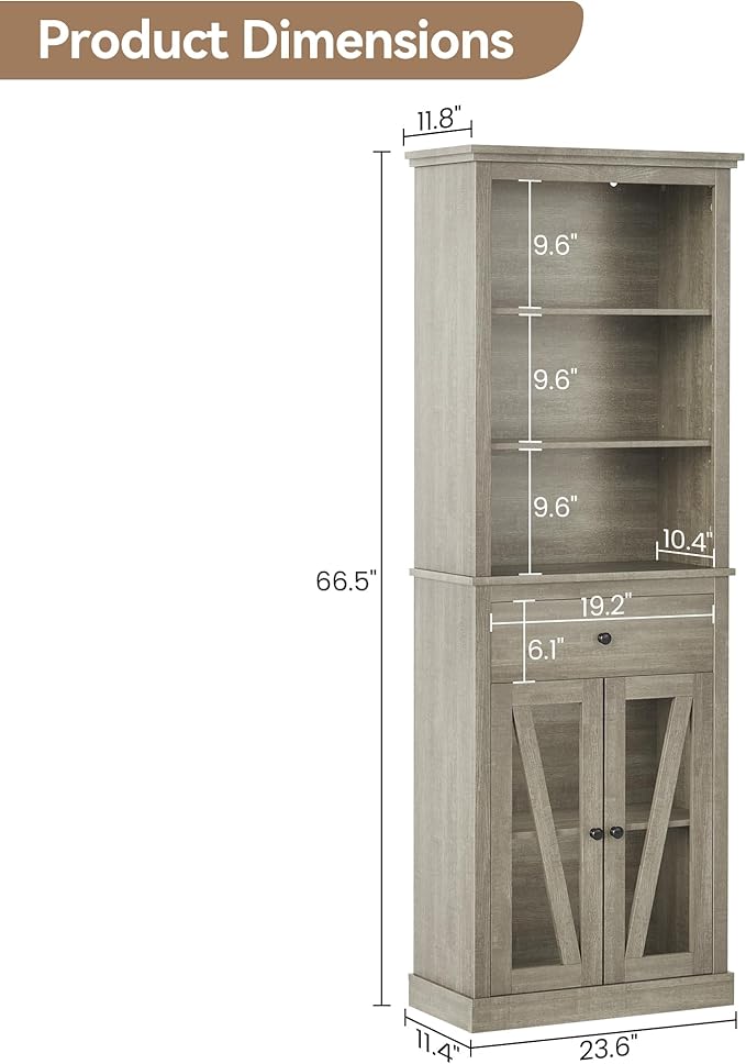 Farmhouse Bathroom Storage Cabinet,Tall Bathroom Shelf with Customizable Shelves,Adjustable Bookshelf Organizer for Living Room, Grey