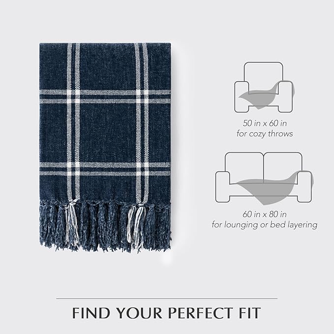 EVERGRACE Plaid Chenille Throw Blanket for Couch, Super Soft Cozy Decorative Windowpane Grid Plaid Throw with Tassels, Lightweight Chenille Knit Throw for Bed Sofa Gift, Navy & White 60”x80”