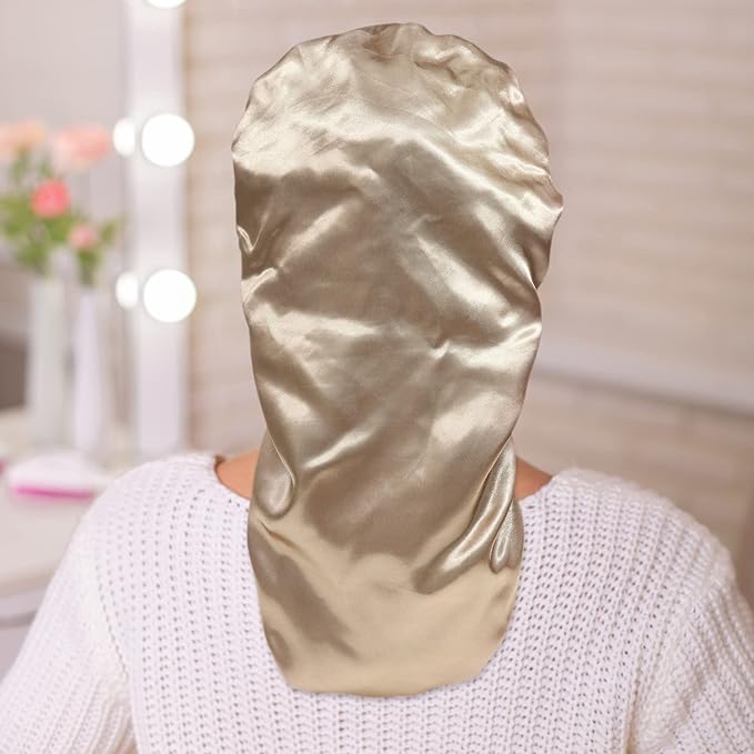 AWAYTR Long Satin Bonnet for Women - Double Layer Elastic Silk Bonnet for Braids Hair Sleeping Cap with Tie Band (Champagne)