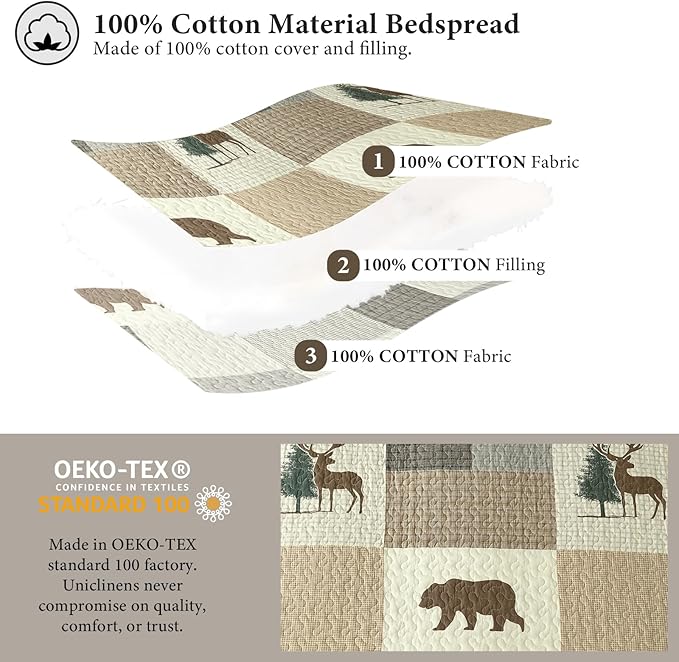 Uniclinens Plaid Quilt Set Queen Size, 100% Cotton Patchwork Quilts, Brown Farmhouse Lightweight Quilted Comforter, Soft Rustic Bedspread, 3 Pieces Set with 2 Pillowshams, Beige/Brown/Gray