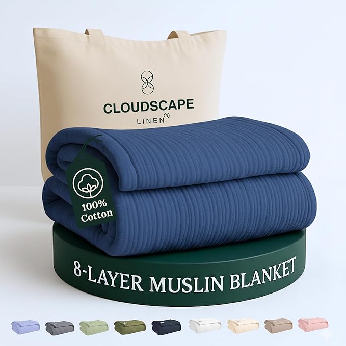 Cloud Scape Linen 8-Layer Muslin Blanket King Size for Adult - 100% Cotton, Breathable and Soft, Perfect Winter Cozy Blanket, Fits up to California King Bed, 92x108, Ensign Blue