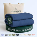 Cloud Scape Linen 8-Layer Muslin Blanket Queen Size - 100% Cotton, Soft and Breathable, Oversized Winter Blanket, Fits up to Full Size Bed, 92x92, Ensign Blue
