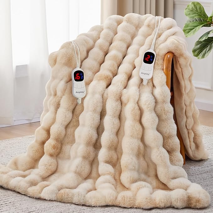 Heated Blanket King Size with 1/2/4/6/8 Hours Auto-Off 10 Heat Level, 90'' * 100'' Cozy Faux Rabbit Fur Bubble Electric Blanket with Overheat Protection(Tie-Dye Beige)