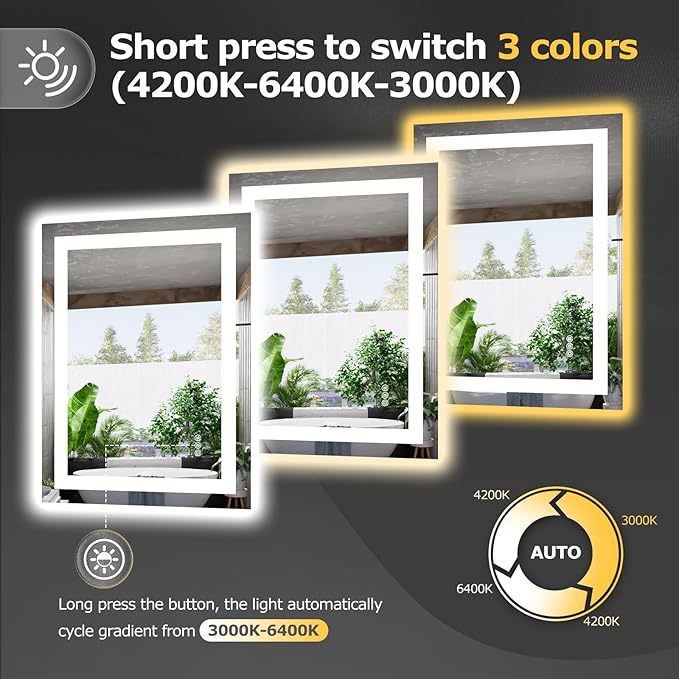 24X32 LED Bathroom Mirror with Lights, Anti-Fog, Dimmable, Backlit + Front Lit, Smart Bathroom Vanity Mirror, Memory Function, Shatterproof, Tempered Glass (Horizontal/Vertical)
