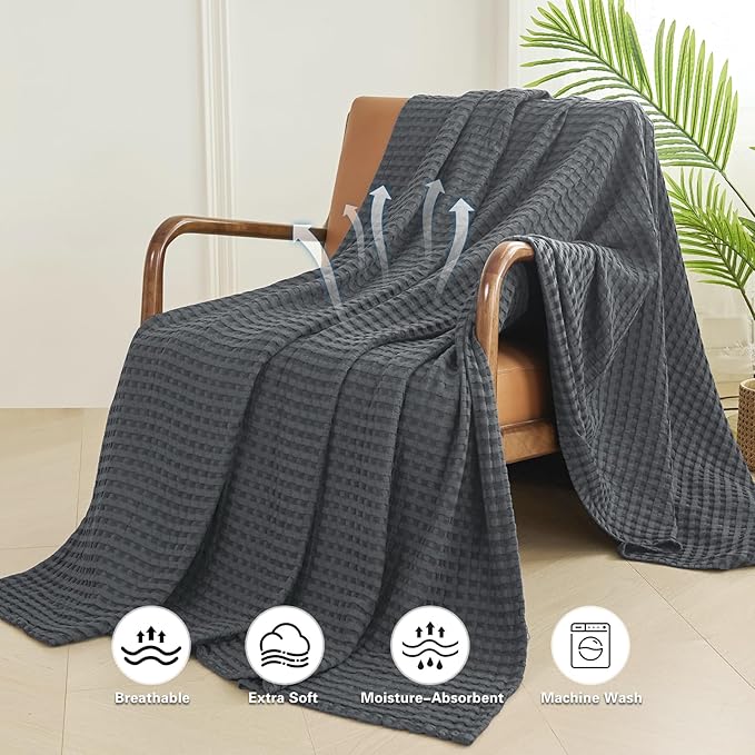 Aganear Waffle Blanket - Lightweight Breathable Summer Blanket of 50% Cotton and 50% Rayon Derived from Bamboo for Hot Sleepers Luxury Throws for Bed, Couch and Sofa,Dark Grey,66x90 Inches