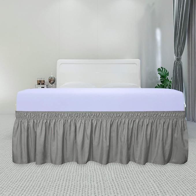 PureFit Wrap Around Ruffled Bed Skirt with Adjustable Elastic Belt - 14 Inch Drop Easy to Put On, Wrinkle Free Bedskirt Dust Ruffles, Bed Frame Cover for Twin, Twin XL and Full Size Beds, Gray