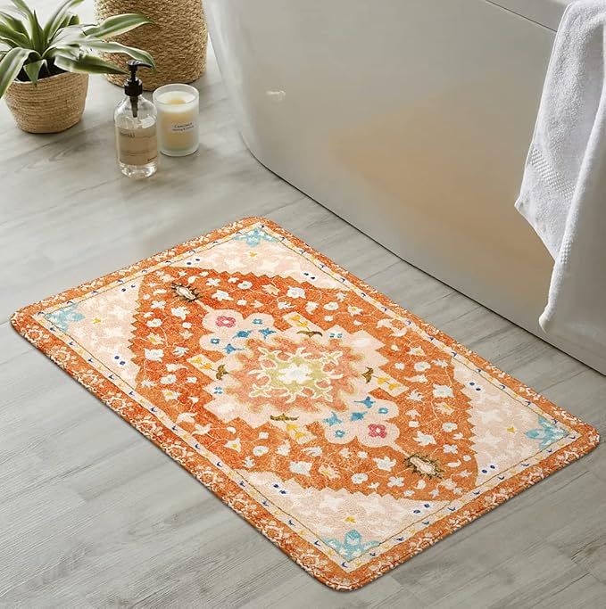Uphome Boho Tribal Orange Cute Floral Non-Slip Machine Washable Soft Oriental Bath Mats for Sink Shower Doormat Tub, 20x31 inch