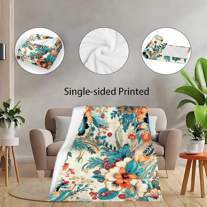 Flowers Blanket Throw, Turquoise Orange Hues Leaves Throw Blanket for Women Men, Soft Lightweight Flannel Fabric, Washable No-Pilling, 60x80 inches