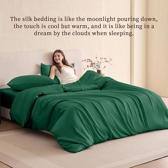 THXSILK 100% Pure Mulberry Silk Duvet Cover Set 3 Piece, 6A+ Grade Luxury Soft Bedding Silk Sheets for Hair and Skin, 1 Pcs Quilt/Comforter Cover with 2 Zippered Pillowcases (Emerald Green, Cal. King)