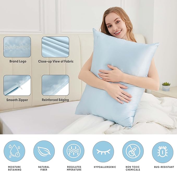 100% Mulberry Silk Pillowcases with Zipper– Luxurious, Anti-Aging Pillow Covers, 22 Momme 6A Grade Silk Pillow Cases 2 Pack for Hair and Skin Care (Hazel Blue, Queen (U.S. Standard))