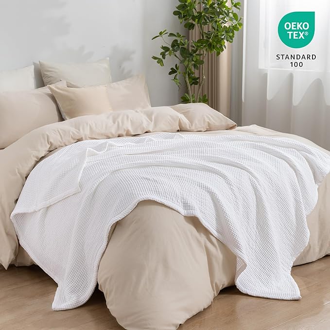 PHF 100% Cotton Waffle & Muslin Throw Blanket Large, Soft Breathable Luxury 400GSM Versatile Reversible Bedding for Couch, Great for Layering in Cold Weather, Home Decor Gift, 50" x 70", White