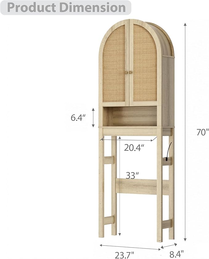 Over The Toilet Storage Cabinet, 23.7”W Modern Storage Cabinet Over Toilet with Rattan Doors, Arched Freestanding Over Toilet Rack with Adjustable Shelf for Bathroom, Nature