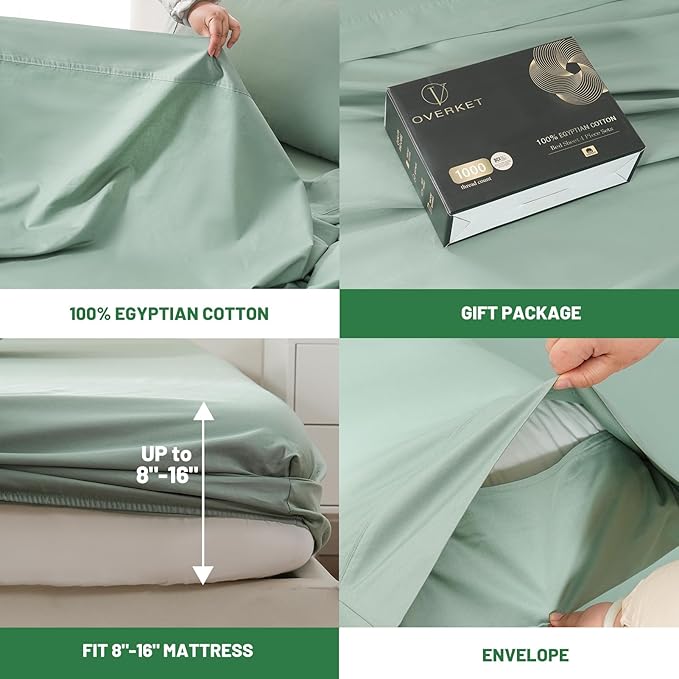Egyptian Cotton Sheets Full Size 1000 Thread Count Sateen Weave Soft Breathable 16-Inch Deep Pocket 4PCS（Full,Sage Green）