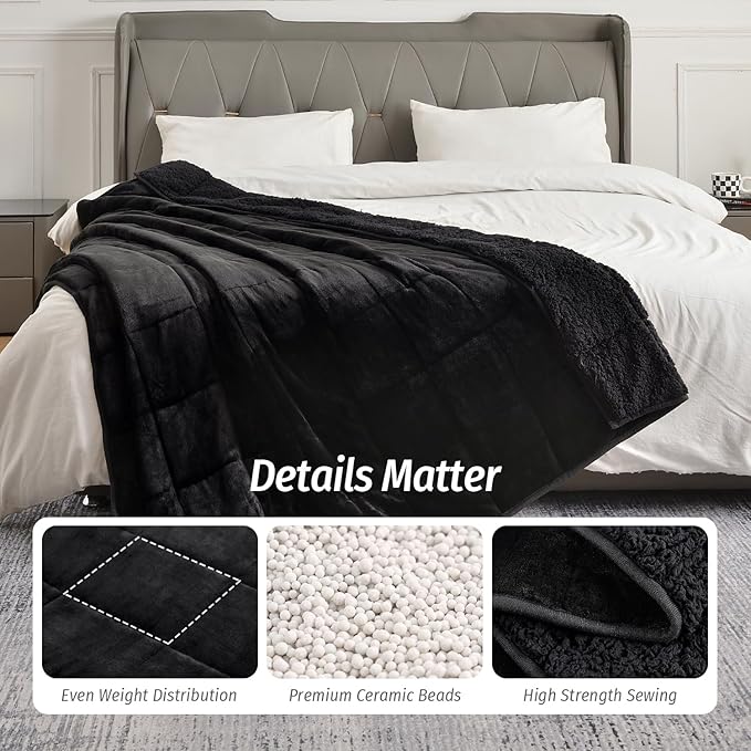 Wemore Sherpa Fleece Weighted Blanket for Adult 20 lbs Dual Sided Cozy Fluffy Heavy Blanket,Ultra Fuzzy Throw Blanket with Soft Plush Flannel Top,60 x 80 inches Black on Both Sides