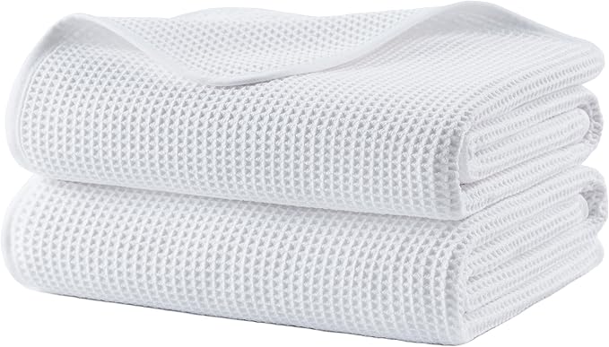 POLYTE Microfiber Oversize Quick Dry Lint Free Waffle Bath Towel for Body, 60 x 30 in, Set of 2