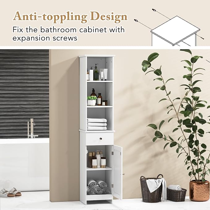 Giantex 64.5” Tall Bathroom Cabinet, Narrow Floor Storage Cabinet with Adjustable Shelves, 1 Door & 1 Drawer, Anti-Toppling Design, Modern Storage Organizer for Bathroom, Living Room, Hallway