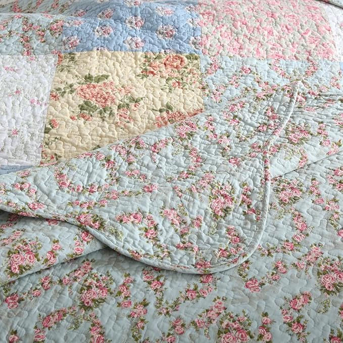 Cotton Bedspread Quilt Bedding Sets 3 Pieces Reversible Coverlet Sets Comforters Green Rose Floral Patchwork Bedspread, King Size