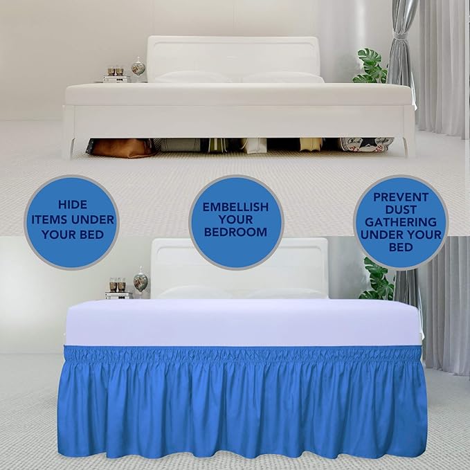 PureFit Wrap Around Ruffled Bed Skirt with Adjustable Elastic Belt - 18 Inch Drop Easy to Put On, Wrinkle Free Bedskirt Dust Ruffles, Bed Frame Cover for Twin,Twin XL and Full Size Beds, Blue